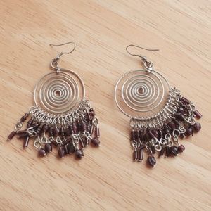 Spiral Swirl Wire Modern Purple Beaded Silver Tone Statement Fringe Earrings